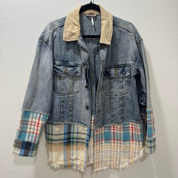Free People XS/S Sirius Plaid Denim Trucker Shirt Jacket Shacket Bohemian - Picture 6 of 16
